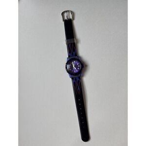 90s Y2K Black Blue Flame Dingbats Lucky Plastic Wristwatch WORKS